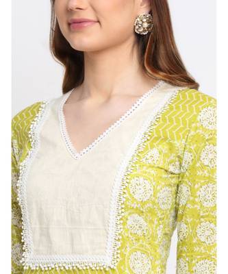 Lime Green Floral Printed Panel Kurti with Tassel Pants 4