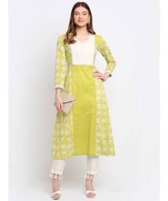 Lime Green Floral Printed Panel Kurti with Tassel Pants 6