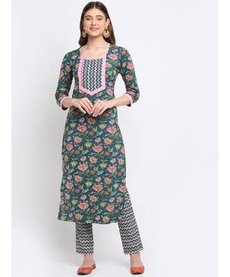 Forrest Teal Pink Cotton Floral Printed with Straight Pants 1