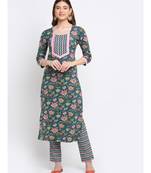 Forrest Teal Pink Cotton Floral Printed with Straight Pants