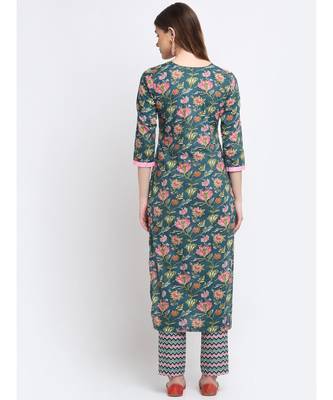 Forrest Teal Pink Cotton Floral Printed with Straight Pants 2