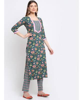 Forrest Teal Pink Cotton Floral Printed with Straight Pants 3