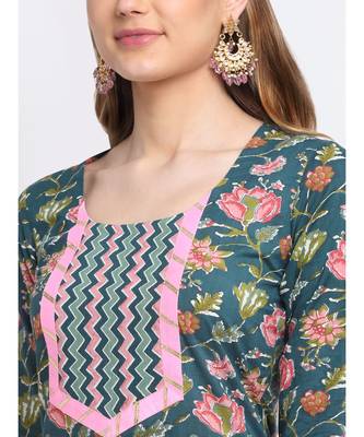 Forrest Teal Pink Cotton Floral Printed with Straight Pants 4