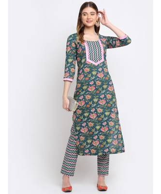 Forrest Teal Pink Cotton Floral Printed with Straight Pants 6