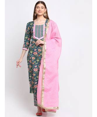 Teal and Pink Cotton Printed with Straight Pants and Leheriya Dupatta 1