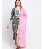 Teal and Pink Cotton Printed with Straight Pants and Leheriya Dupatta