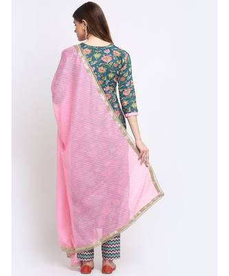 Teal and Pink Cotton Printed with Straight Pants and Leheriya Dupatta 2