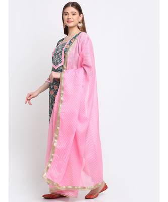 Teal and Pink Cotton Printed with Straight Pants and Leheriya Dupatta 3