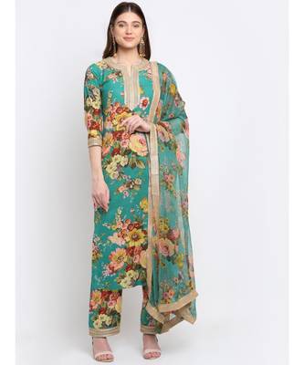 Peacock Green Floral Kurti with Straight Palazzo and Dupatta 1