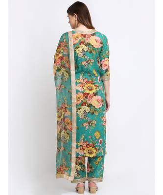 Peacock Green Floral Kurti with Straight Palazzo and Dupatta 2