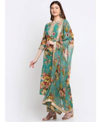 Peacock Green Floral Kurti with Straight Palazzo and Dupatta 3
