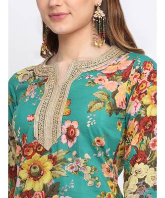 Peacock Green Floral Kurti with Straight Palazzo and Dupatta 4