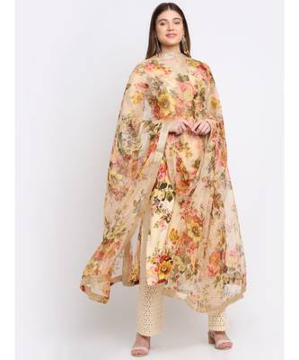 Lemon Floral Kurti with Straight Palazzo and Chiffon Dupatta 3