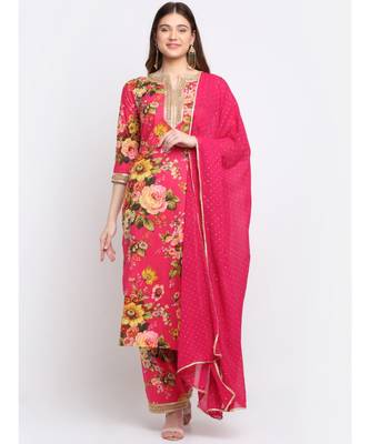 Pink Floral Kurti with Straight Palazzo and Foil Dupatta 1