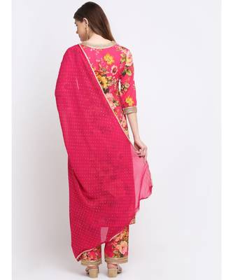 Pink Floral Kurti with Straight Palazzo and Foil Dupatta 2