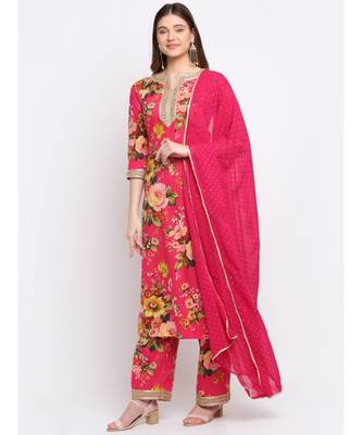 Pink Floral Kurti with Straight Palazzo and Foil Dupatta 3