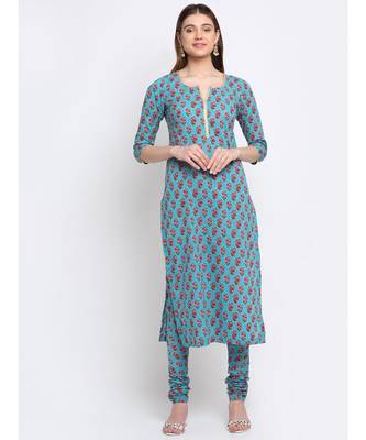 Deep Skies Firozi Floral Straight Kurti with Churidaar 1