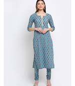 Deep Skies Firozi Floral Straight Kurti with Churidaar