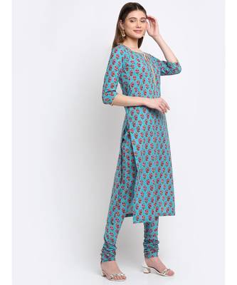 Deep Skies Firozi Floral Straight Kurti with Churidaar 3