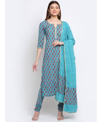 Deep Skies Firozi Floral Straight Kurti with Churidaar and Lehriya Dupatta 1