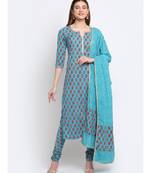 Deep Skies Firozi Floral Straight Kurti with Churidaar and Lehriya Dupatta