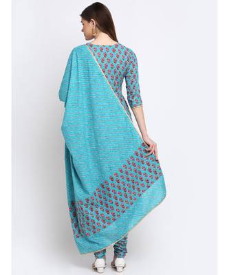 Deep Skies Firozi Floral Straight Kurti with Churidaar and Lehriya Dupatta 2