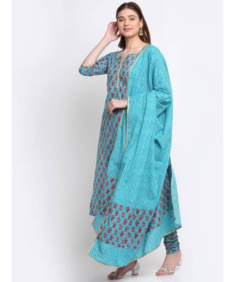 Deep Skies Firozi Floral Straight Kurti with Churidaar and Lehriya Dupatta 3