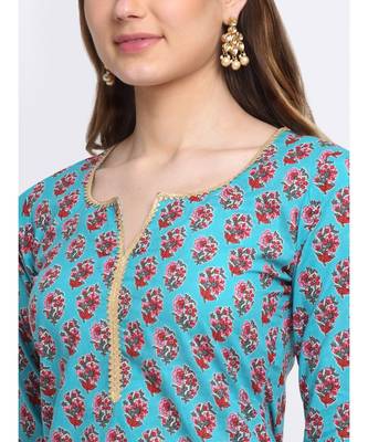 Deep Skies Firozi Floral Straight Kurti with Churidaar and Lehriya Dupatta 4
