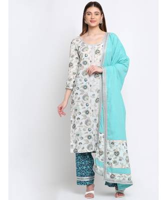 Queens Daisy Floral Straight Kurti with Palazzo and Blue Dupatta 1