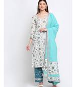 Queens Daisy Floral Straight Kurti with Palazzo and Blue Dupatta