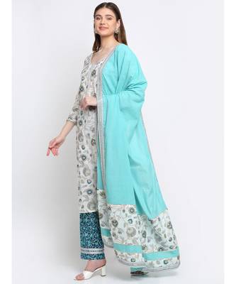 Queens Daisy Floral Straight Kurti with Palazzo and Blue Dupatta 3
