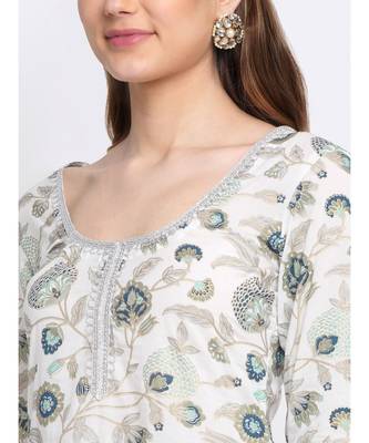 Queens Daisy Floral Straight Kurti with Palazzo and Blue Dupatta 4