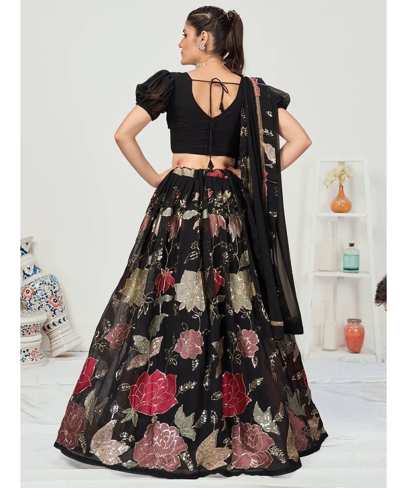 Midnight Black Sequence Embroidered Georgette Lehenga Choli