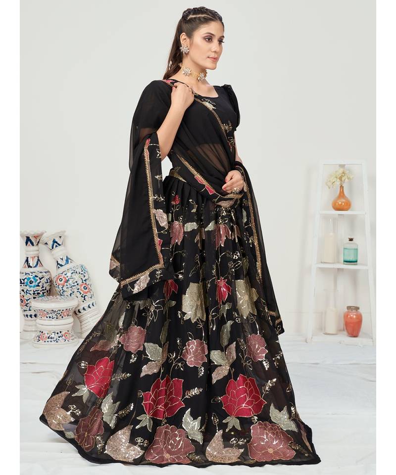 Midnight Black Sequence Embroidered Georgette Lehenga Choli