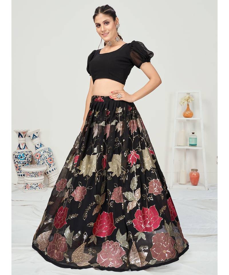 Midnight Black Sequence Embroidered Georgette Lehenga Choli