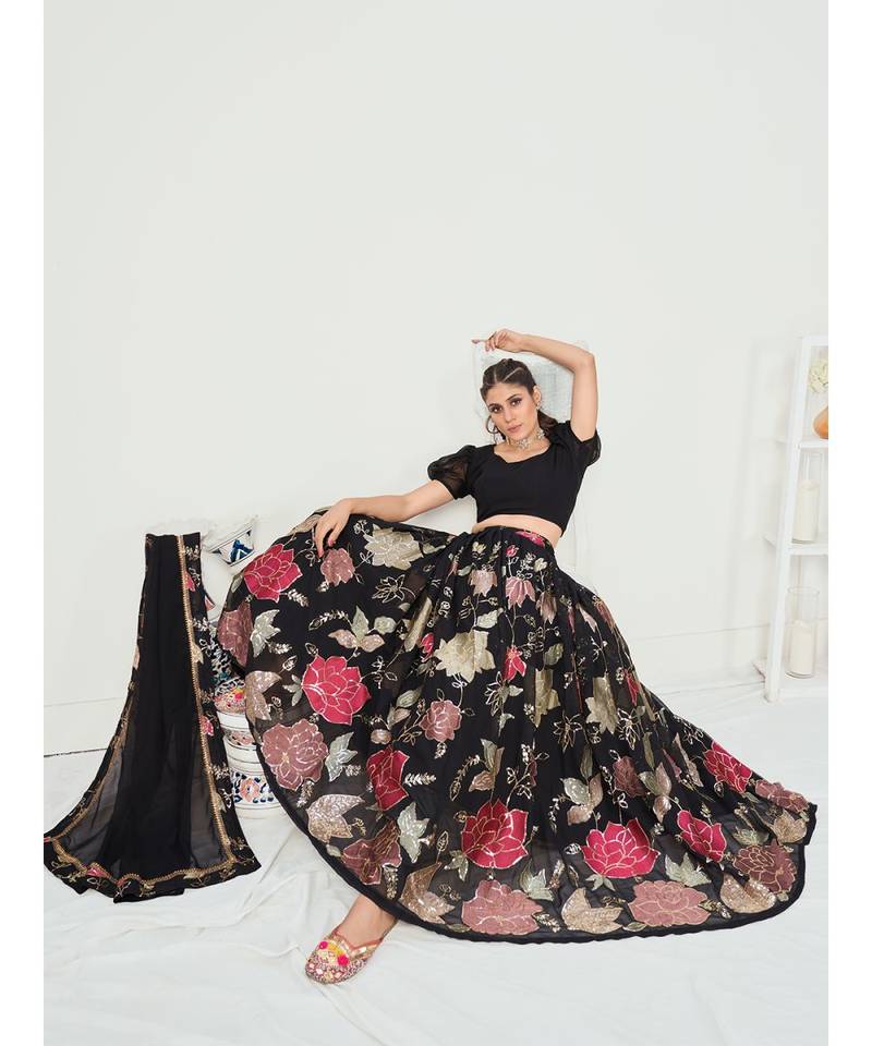 Midnight Black Sequence Embroidered Georgette Lehenga Choli