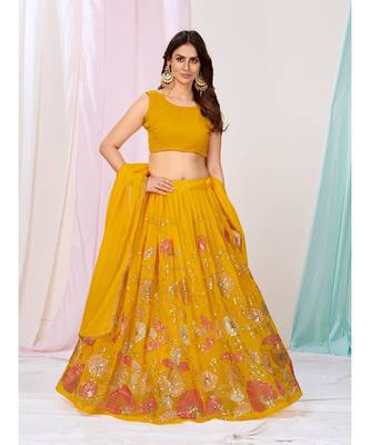 Beautiful Yellow Ceremonial Georgette Sequence Lehenga Choli 4