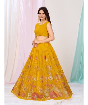 Beautiful Yellow Ceremonial Georgette Sequence Lehenga Choli 5