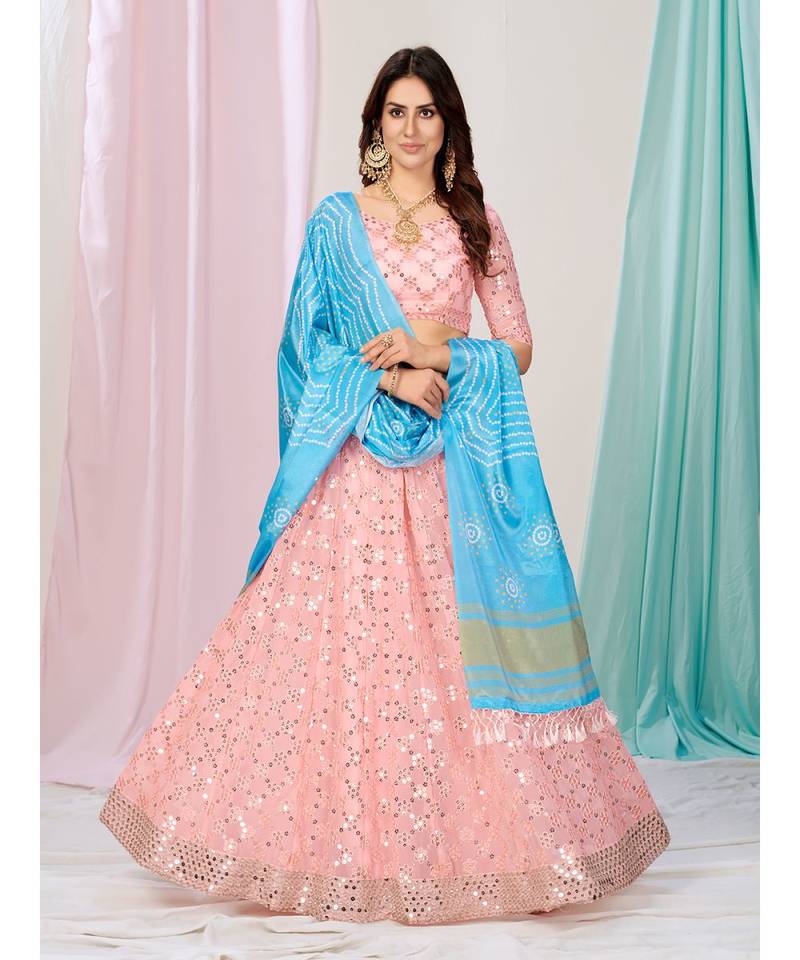 Light Pink Georgette Base Gota Patti Mirror Work Lehenga Choli