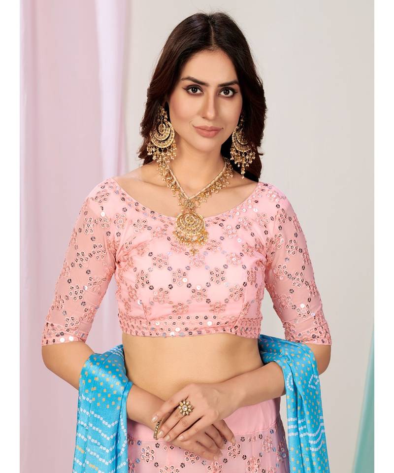 Light Pink Georgette Base Gota Patti Mirror Work Lehenga Choli