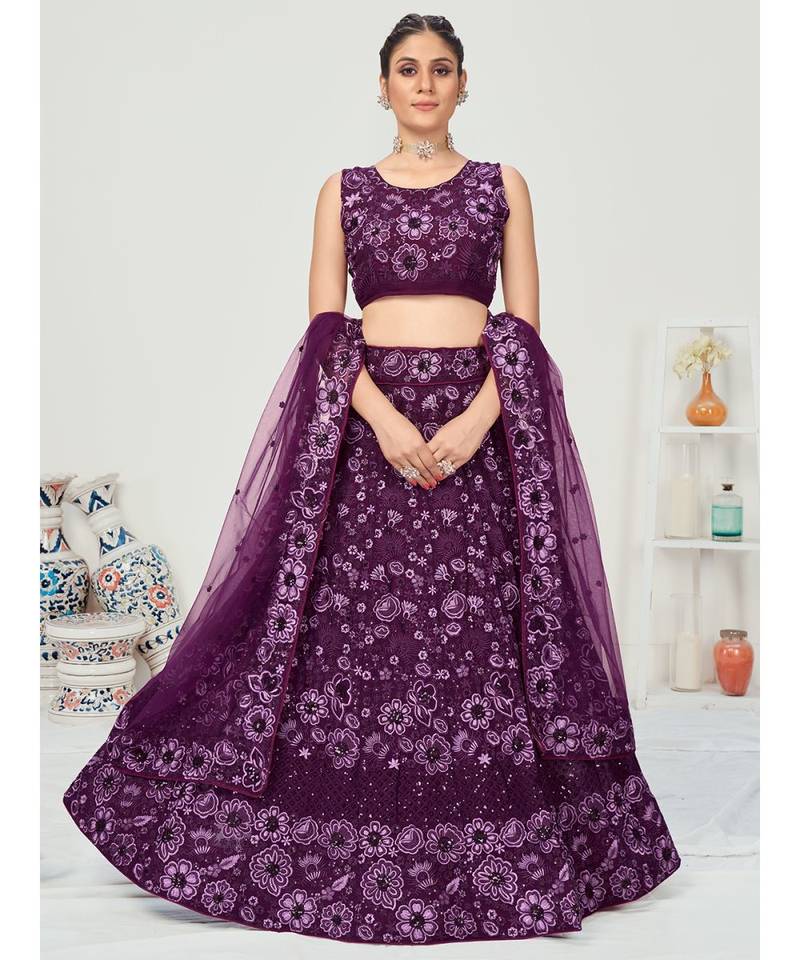 Dark Violet Georgette Lehenga Choli with Net Dupatta