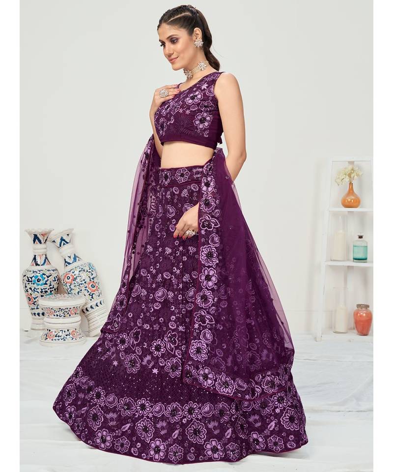 Dark Violet Georgette Lehenga Choli with Net Dupatta