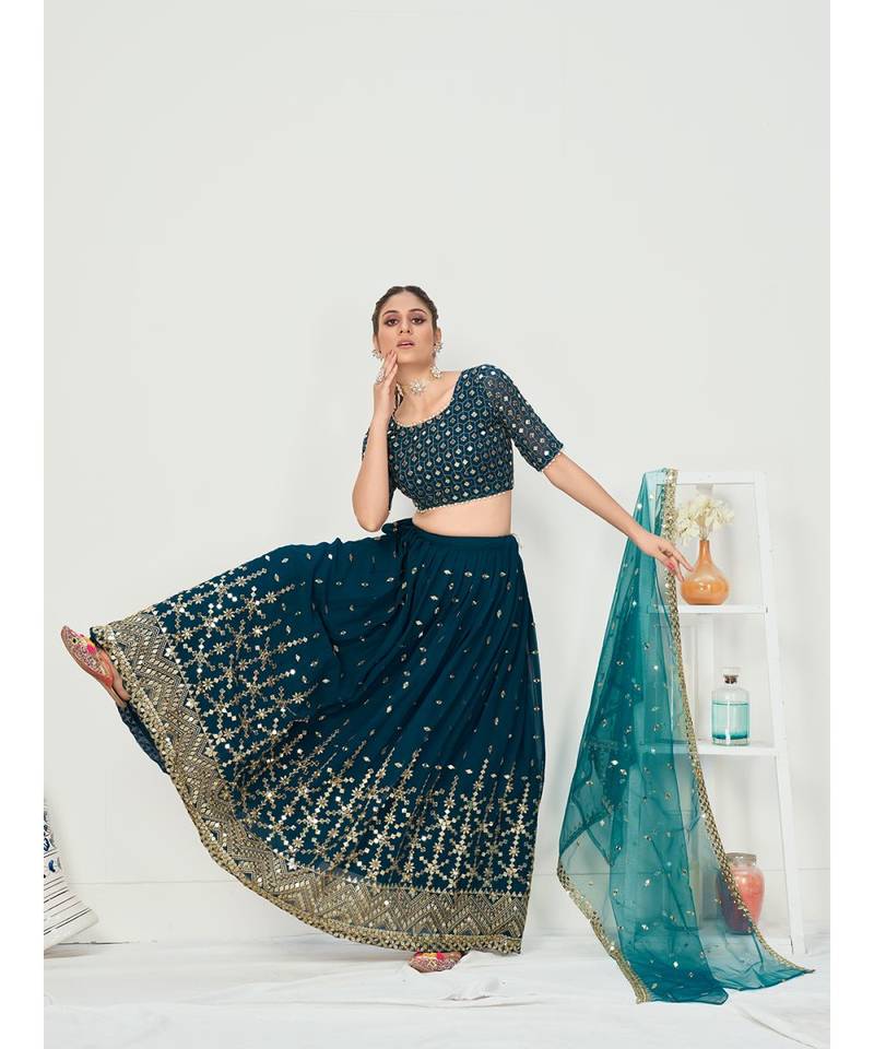 Peacock Blue Poly Georgette Based Newest Lehenga Choli