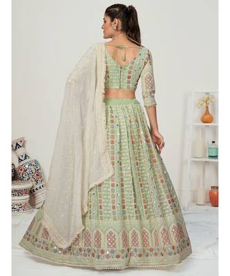 Pistachio Green Multi Thread embroidered Gota Patti Worked Lehenga Choli 3