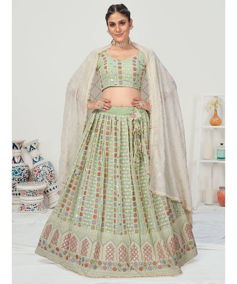 Pistachio Green Multi Thread embroidered Gota Patti Worked Lehenga Choli