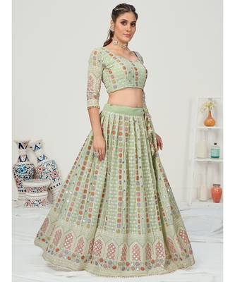 Pistachio Green Multi Thread embroidered Gota Patti Worked Lehenga Choli 5