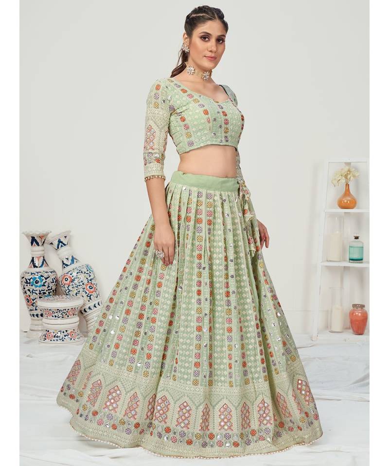 Pistachio Green Multi Thread embroidered Gota Patti Worked Lehenga Choli