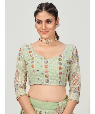 Pistachio Green Multi Thread embroidered Gota Patti Worked Lehenga Choli 6
