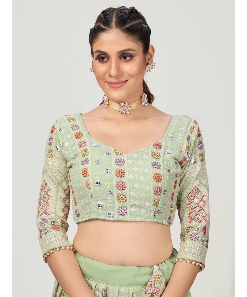 Pistachio Green Multi Thread embroidered Gota Patti Worked Lehenga Choli