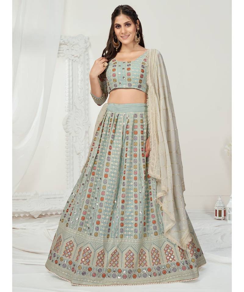 Baby Blue Colored Multi Thread Worked Lehenga Choli